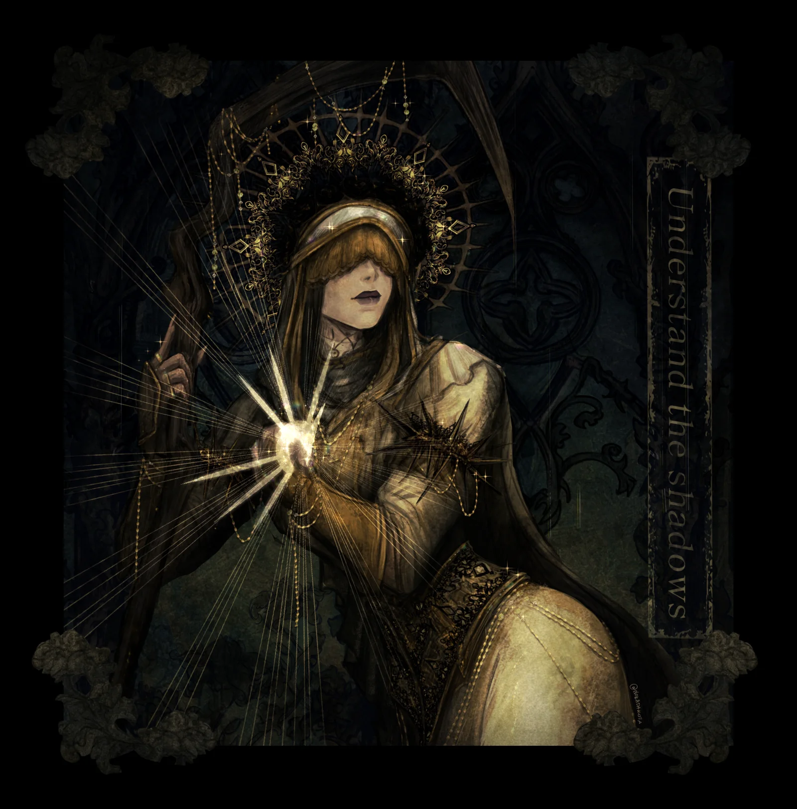 Mistress of Shadow holding a source of light